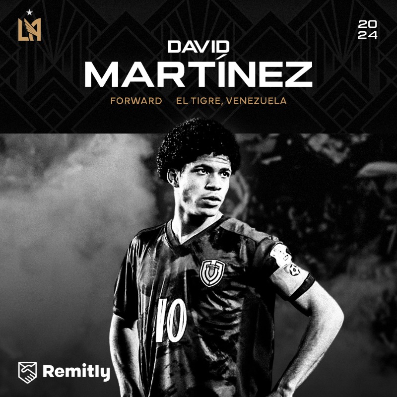 LAFC's tweet photo. David Martínez is Black &amp; Gold.      

📝 #LAFC signs forward David Martínez on a permanent transfer from @Monagas_SC to a contract through 2027 with a Club option for 2028.  

#LAFC | @Remitly