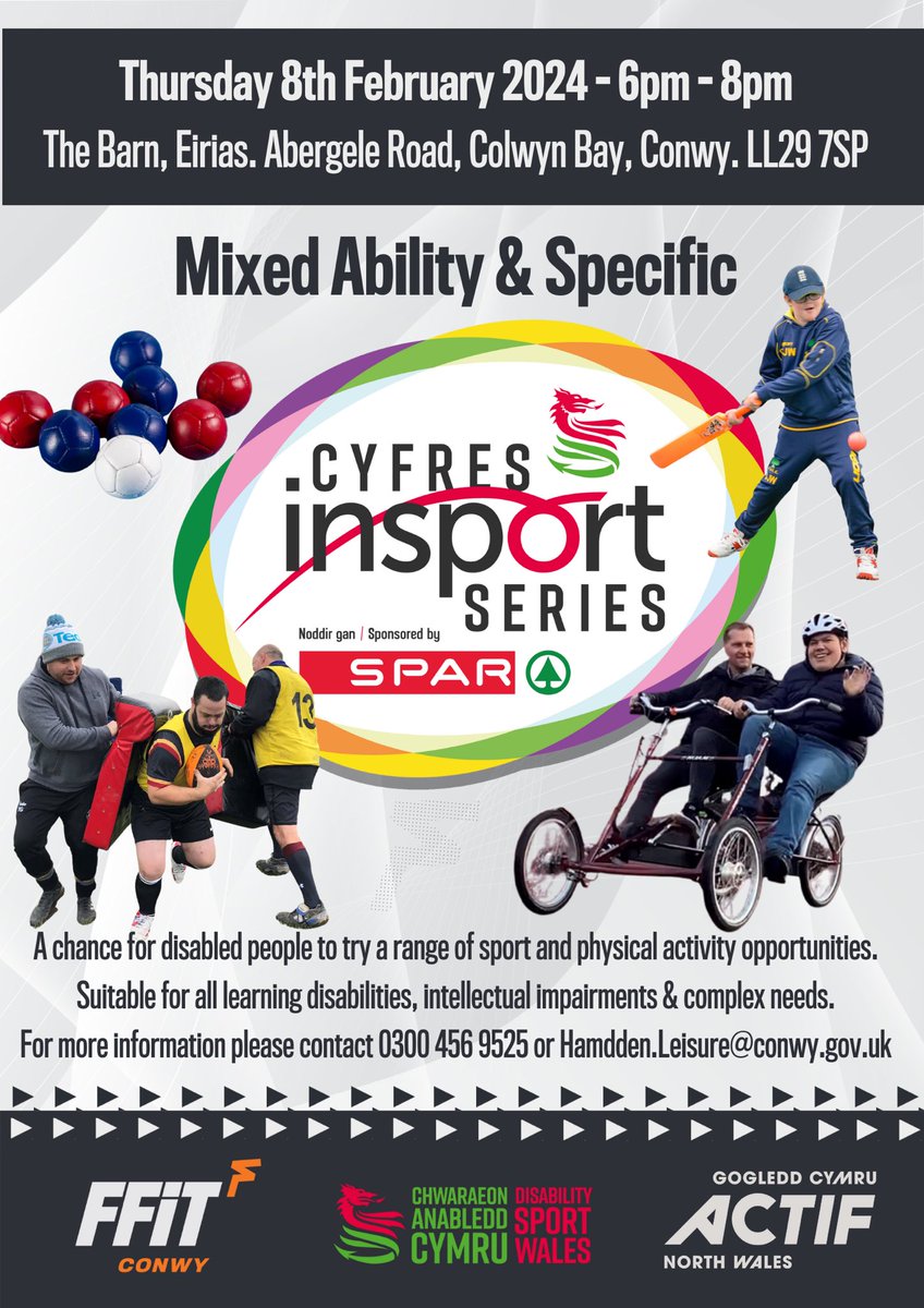 Mark Richards (@markrichardsdsw) on Twitter photo Looking forward to seeing a new version of the #insportseries at <a href="/ParcEirias/">Parc Eirias</a> next week.
The Mixed Ability & Specific format will showcase local opportunities tailored towards intellectually impaired people.
Book early via the <a href="/FfitConwy/">Ffit Conwy</a> app or website or call 0300 456 9525. 👍🏼 Looking forward to seeing a new version of the #insportseries at <a href="/ParcEirias/">Parc Eirias</a> next week.
The Mixed Ability & Specific format will showcase local opportunities tailored towards intellectually impaired people.
Book early via the <a href="/FfitConwy/">Ffit Conwy</a> app or website or call 0300 456 9525. 👍🏼