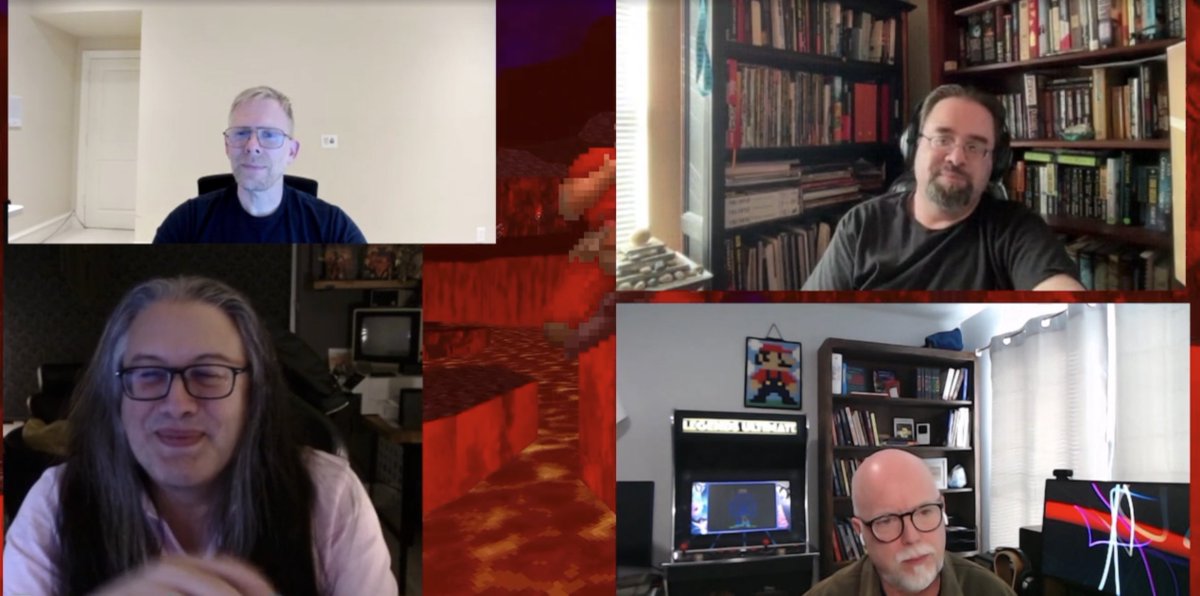 davidlcraddock's tweet photo. I had a blast talking w/ @romero @ThatTomHall  and @ID_AA_Carmack to celebrate id Software’s 33rd anniversary! If you hung out with us, we hope you had fun, too. And if you missed it, a VOD should be up on Romero’s YouTube channel soon. https://t.co/T1RvXNWq7u