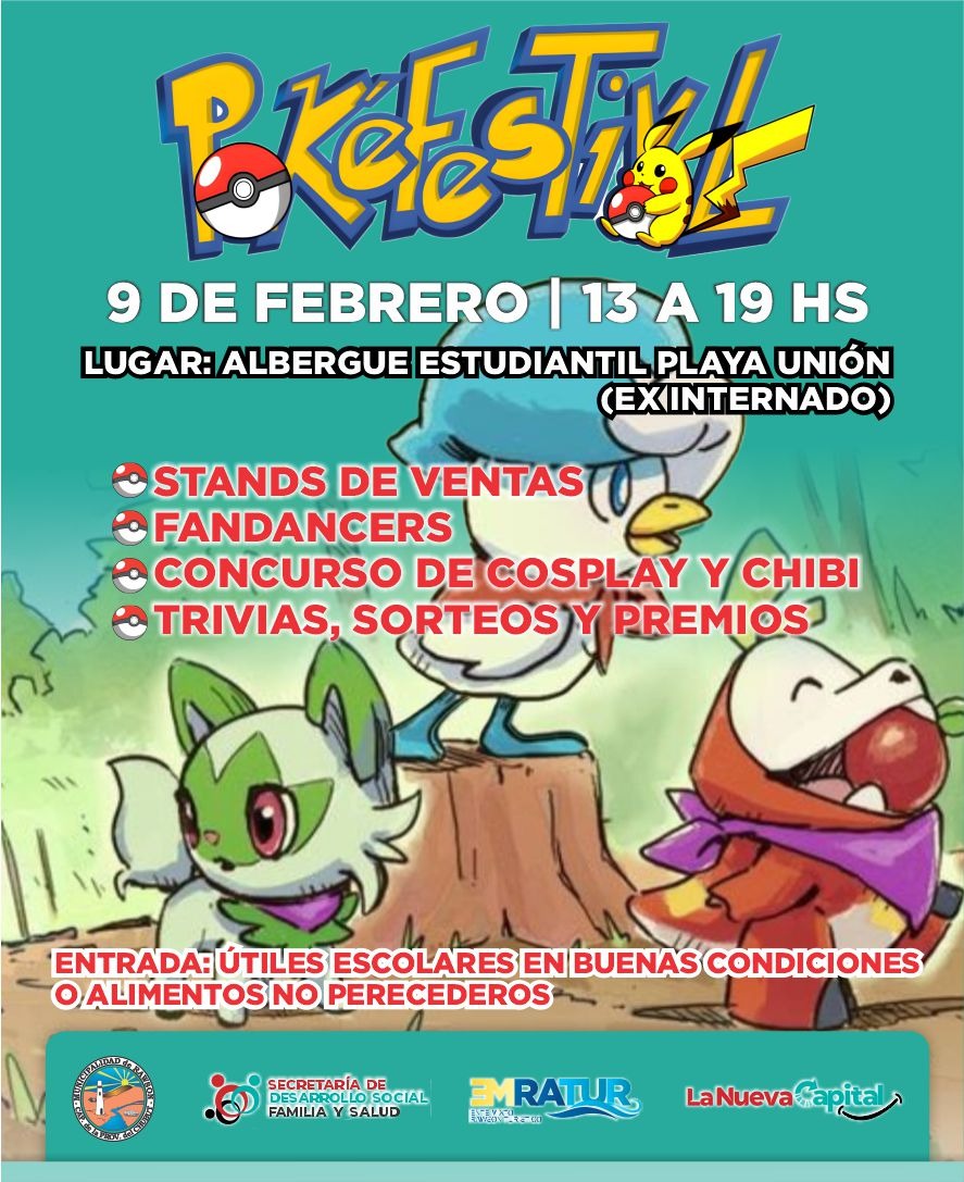MuniRawson's tweet photo. POKEFESTIVAL ✨️

El evento será el viernes 9 de febrero en el horario de 13 a 19 en la Casa Estudiantil (ex internado) de Playa Unión. Habrá stands de ventas, fandancers, concurso de cosplay y chibi, trivias sorteos y premios. https://t.co/ceX5GhWghv