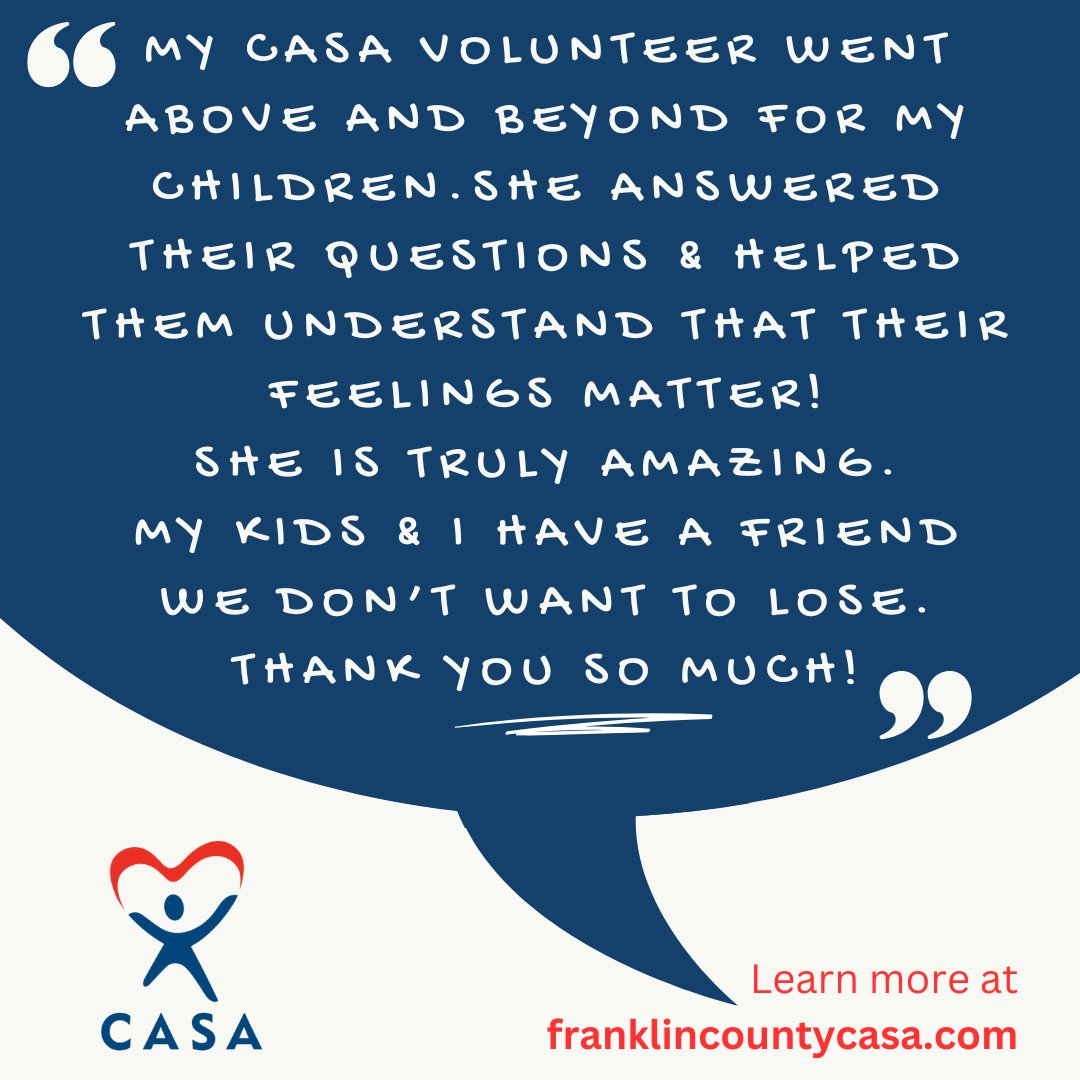 We feel it's important to survey parents about their experience with their CASA Volunteer. The following quote is from a parent who was asked how their volunteer helped their child. 
Ready to stand-up for a deserving child?
Apply now at
mo-franklin.evintosolutions.com/VolunteerAppli…