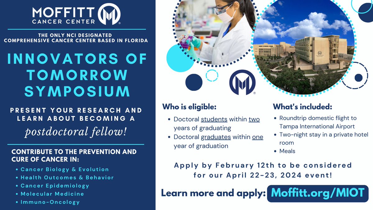 Attend the MIOT Symposium and learn how our Office of Postdoc Affairs provides training and support to our postdocs through courses, seminars, career counseling, certificate programs, and more! Applications due Feb 12th! Learn more & apply: Moffitt.org/MIOT @MoffittNews