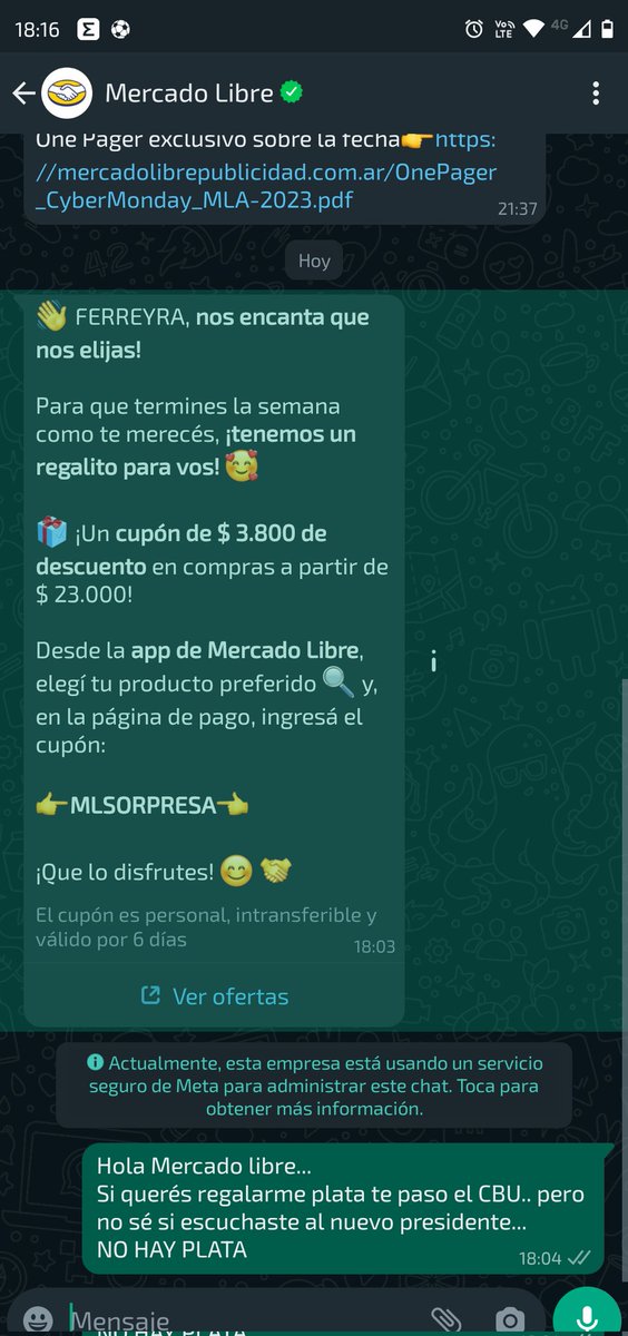 guillotef's tweet photo. Mercado libre me quiere regalar $3.800, está gente no escucho a Javier decir que NO HAY PLATA. 
Si me lo quieren regalar les paso mi CBU.. desde ya gracias. 🤗🤗
@Mercadolibre #mercadolibre @JMilei #Presidente https://t.co/xtpqs2Lh55