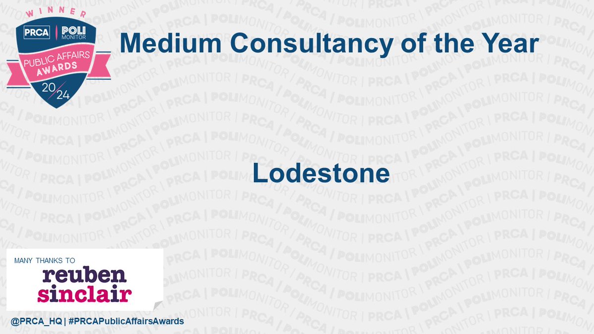 PRCA (@prca_hq) on Twitter photo The winner of this year’s Medium Consultancy of the Year Award, sponsored by <a href="/ReubenSinclair/">Reuben Sinclair</a> is Lodestone Consulting! Congratulations. #PRCAPublicAffiairsAwards The winner of this year’s Medium Consultancy of the Year Award, sponsored by <a href="/ReubenSinclair/">Reuben Sinclair</a> is Lodestone Consulting! Congratulations. #PRCAPublicAffiairsAwards