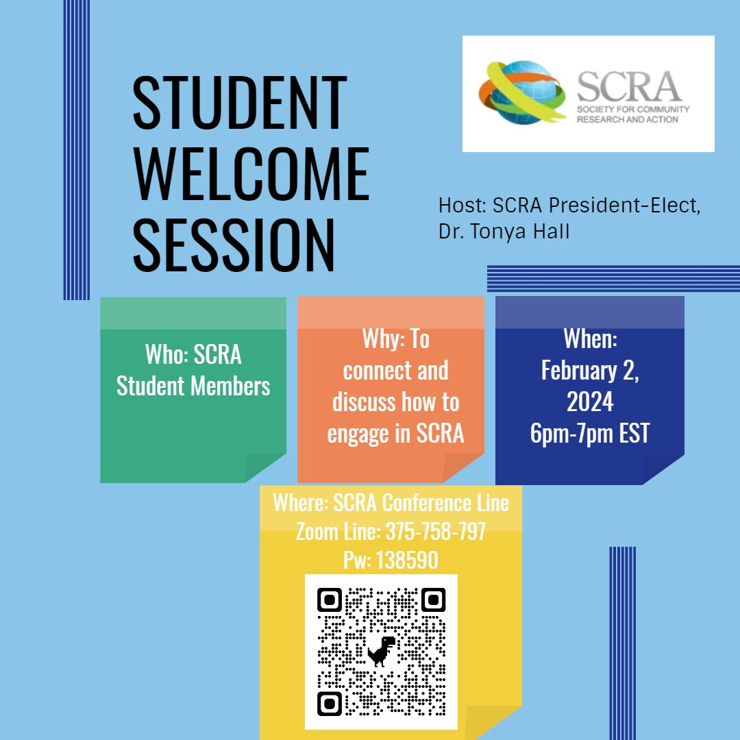 Attention all student members and prospective members. Join SCRA President-Elect, Dr. Tonya Hall for a student welcome session tomorrow. Use the QR code to access the SCRA event calendar. We will see you tomorrow!