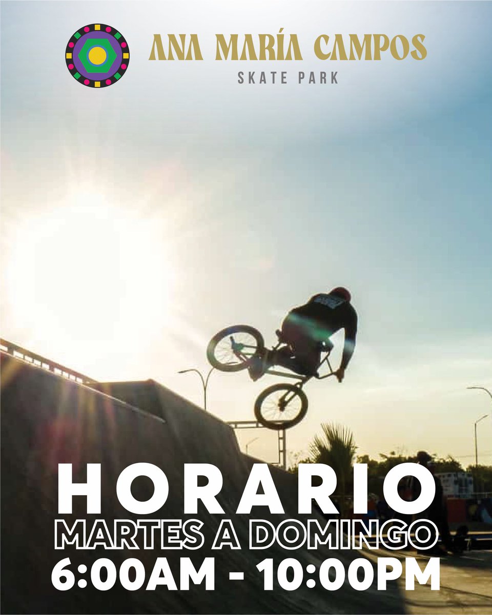AMC_SkatePark's tweet photo. ⚠️ Información importante:

Horario del @pmanamariacampos 

🗓️ Martes a domingo.
⏰ 6AM a 10PM

🚧 Lunes de Parada (Mantenimento al parque).

📸 @zam.avfotos c https://t.co/c8lP8YEdUn