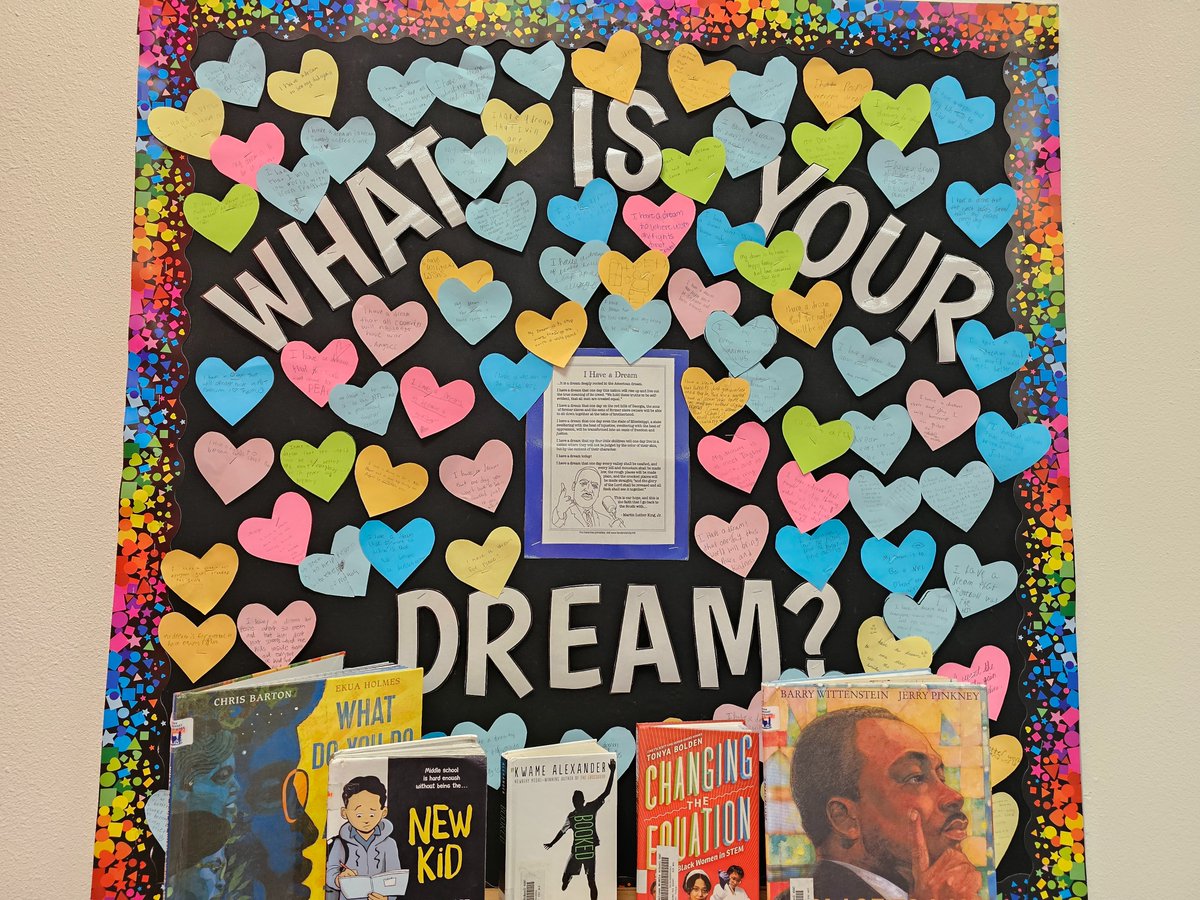 MSGCLibrary's tweet photo. Kicking off our Black History Month display. Students chose a heart cut out and wrote their dreams. @SGCCardinals @melissaisd https://t.co/BVyGtpOqD3
