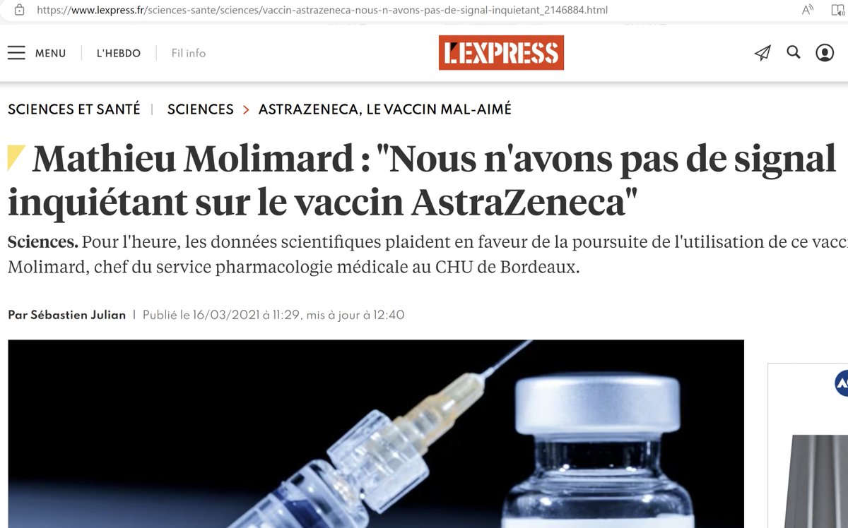 Vous rendez-vous compte que celui qui explique que l'HCQ, pourtant délivrée sans ordonnance pendant des décennies, tue, est le même qui nous expliquait que le vaccin Covid Astrazeneca, aujourd'hui interdit, ne posait aucun problème.
Et c'est "l'expert" invité de tous les médias !