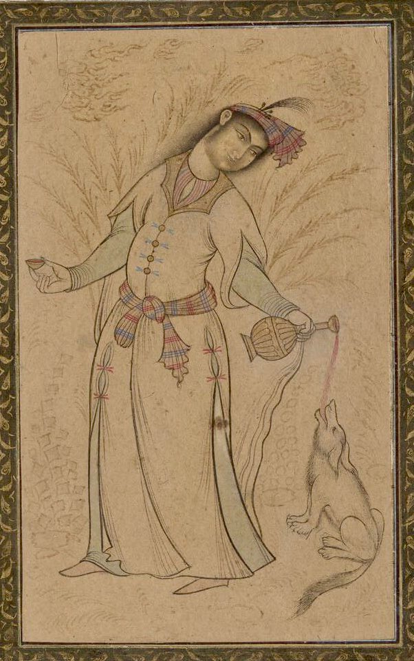 woman pouring wine for her dog, persia, date unknown