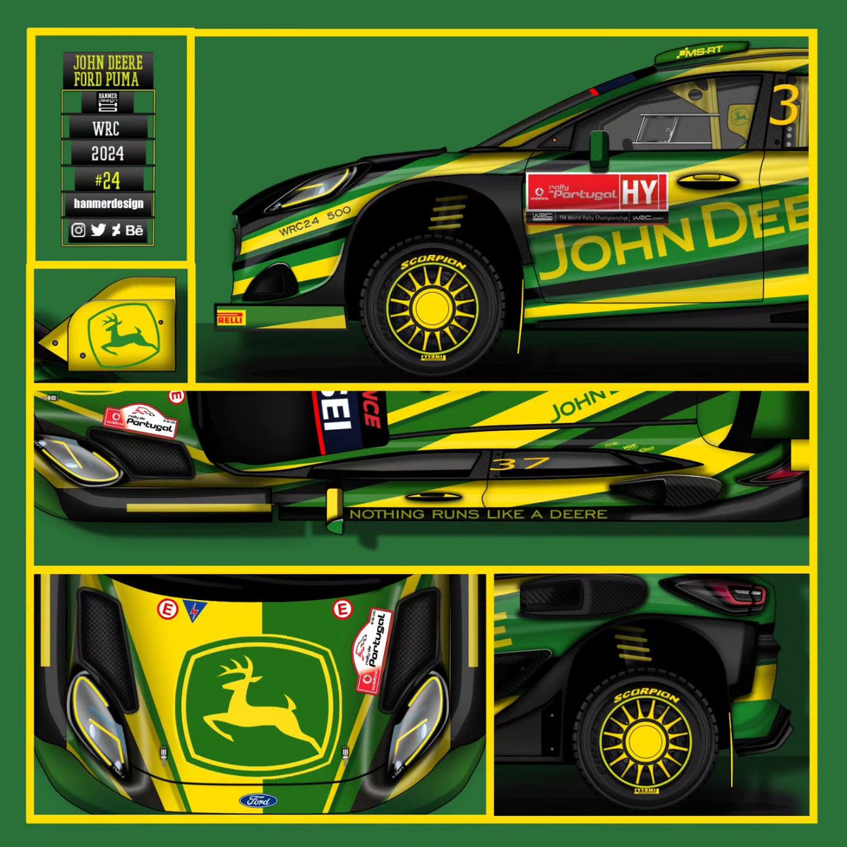 hanmerdesign's tweet photo. John Deere Ford Puma WRC concept...nothing runs like a deere! 

#fordpuma #ford #fordperformance #msport  #johndeere #nothingrunslikeadeere #wrc2024 #rally1 #rallyworldchampionship #pirelli  #motorsport #racing #livery #liverydesign #graphicdesign #vehiclewraps #wraps https://t.co/1o4ig37OJi