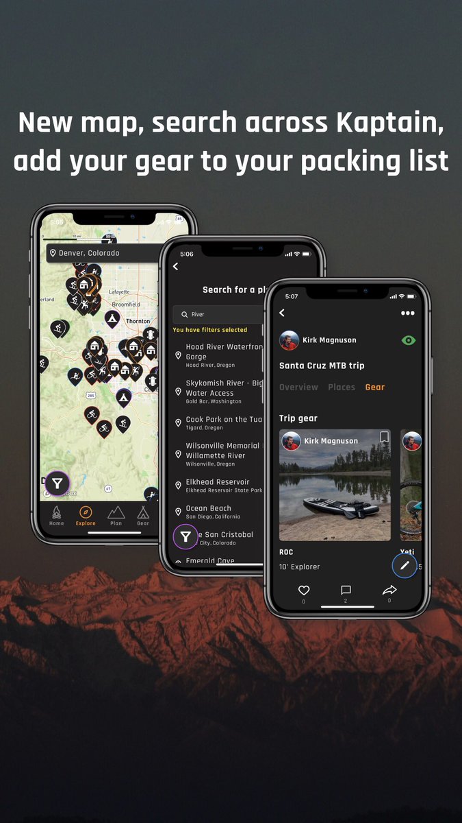 7 new features to announce with our latest iOS release!🔥 

New outdoor recreation map that features more trail data, campground info, and landmarks. 🏕️

Multi-select gear to your trip and scheduled activity packing lists. 🚵‍♀️

Search and filter across Kaptain. 🔎