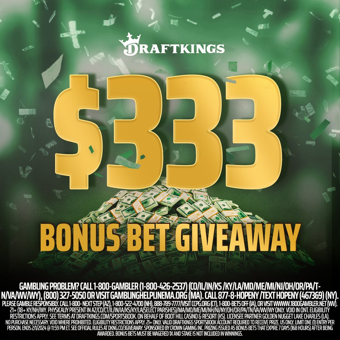 DraftKings Sportsbook (@dksportsbook) on Twitter photo HAPPY #THREESDAY EVERYBODY 🗣️
To celebrate, we're giving 10 followers a $333 Bonus Bet. To enter, simply:
1. Retweet this tweet
2. Follow <a href="/DKSportsbook/">DraftKings Sportsbook</a>
3. Reply with #Threesday
10 WINNERS. $333 BONUS BET. RULES: dkng.co/3giveaway HAPPY #THREESDAY EVERYBODY 🗣️
To celebrate, we're giving 10 followers a $333 Bonus Bet. To enter, simply:
1. Retweet this tweet
2. Follow <a href="/DKSportsbook/">DraftKings Sportsbook</a>
3. Reply with #Threesday
10 WINNERS. $333 BONUS BET. RULES: dkng.co/3giveaway