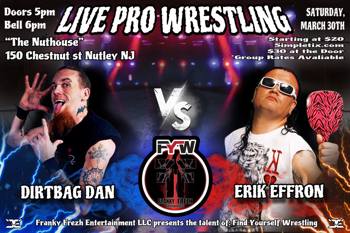 FindYourselfPro's tweet photo. Be a part of HISTORY!!!
Saturday, March 30 live in Nutley New Jersey
WE Return live to bring you professional wrestling🔥🔥🔥
Tickets- https://t.co/W3wbnA93yP https://t.co/ntNUyWSK0m