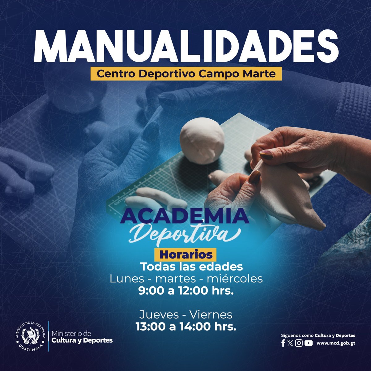 Si desea desarrollar nuevas habilidades y explotar su creatividad, le invitamos a formar parte de la academia de Manualidades que ofrece el Centro Deportivo Campo Marte del <a href="/RecreacionGT/">Viceministerio Deporte y Recreación Guatemala</a>.