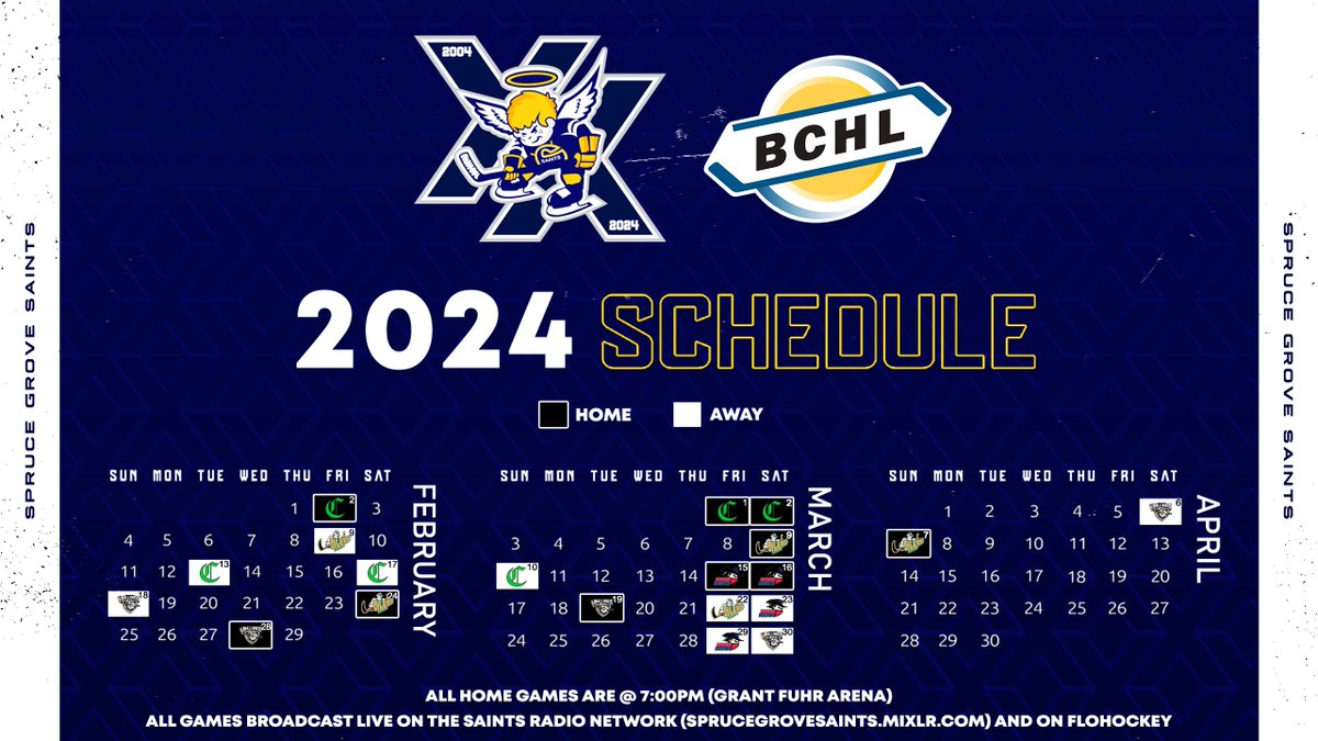 sgsaints's tweet photo. Our schedule for the rest of the season is out now!

Check out the dates, mark your calendars, and get ready for an action-packed finish to 2024!

View the full schedule here --> https://t.co/RsS2jEMA8s

#BCHL | #SaintsNation https://t.co/2lsZ0HU3aD
