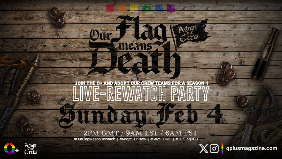 QPlusMagazine's tweet photo. Attention, pirates near and far! The alliance has been sealed. @AdoptOurCrew and us extend a hearty invitation to y’all to join the #OurFlagMeansDeath Season 1 rewatch. Let's turn the cancellation tide and find a new harbor for our show! 🫡🏴‍☠️ #SaveOFMD https://t.co/1wttIOAESs