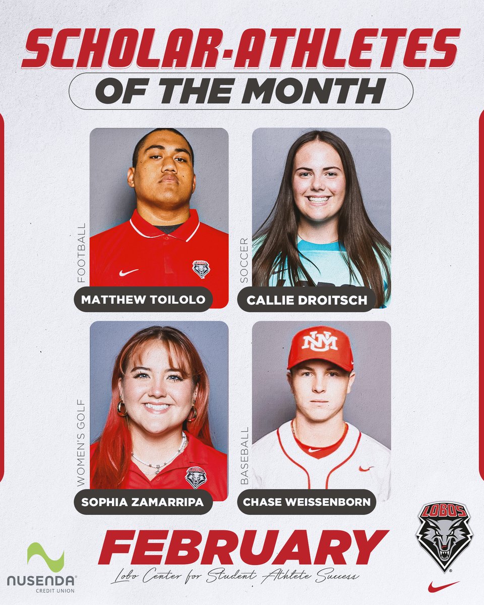 UNMLOBOS's tweet photo. Congratulations to our scholar athletes of the month! Brought to you by Nusenda Credit Union.
#GoLobos #thepowerofwe https://t.co/j9BQZRcfFF