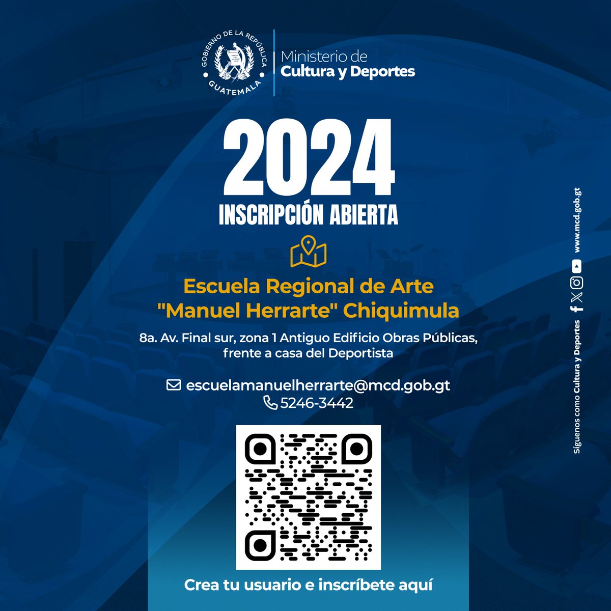 formarteGT's tweet photo. ¡Te esperamos! Escanea el código QR, crea tu usuario e inscríbete a la Escuela Nacional de Arte "Manuel Herrarte" de Chiquimula y forma parte de esta casa de estudios en 2024. 

#3milAñosRiquezaCulturalGT #CulturaMotorDesarrolloGT #FormarteGT #GuatemalaAvanza https://t.co/m5dsJCsno2