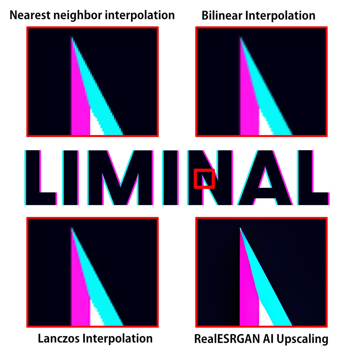 limlabs_'s tweet photo. Comparing image scaling methods at 50x. AI upscaling offers a huge leap in quality compared to conventional scaling methods by inverting the usual scaling flow. https://t.co/HoI9w8BCdP