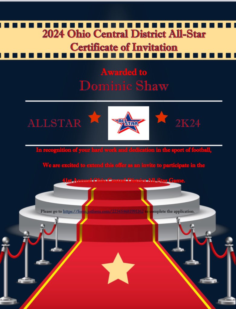 Congratulations to <a href="/Dominic_shaw23/">Dominic Shaw</a> for being selected to participate in the 2K24 Ohio Central District Allstar Football Game that will be played this June. Please enroll at the link below for more information. #2K24UrUpNext 🦾🏈🏆 form.jotform.com/223454681991162