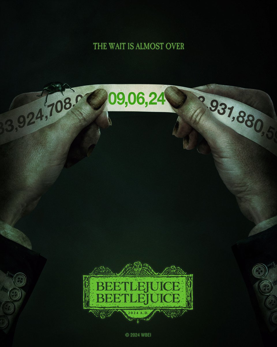TimBurton_JP's tweet photo. 『#ビートルジュース』の続編の正式タイトルは…
『Beetlejuice Beetlejuice』❗️
　￣￣￣￣￣￣￣￣￣￣￣
　9月6日🇺🇸全米公開

監督：#ティム・バートン 
音楽：#ダニー・エルフマン 
脚本：アルフレッド・ガフ、マイルズ・ミラー 
衣装：コリーン・アトウッド 
美術：マーク・スクルートン 
撮影：ハリス・ザンバーラウコス
キャスト：マイケル・キートン、ウィノナ・ライダー、ジェナ・オルテガ、キャサリン・オハラ、ジャスティン・セロー