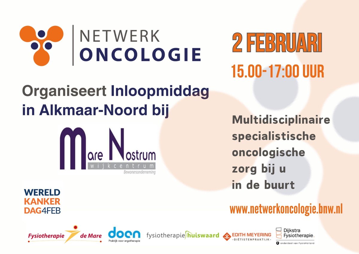 NetwerkOZ's tweet photo. Morgen inloopmiddag bij wijkcentrum Mare Nostrum in Alkmaar-Noord #wereldkankerdag #verderlevenmetkanker #netwerk #multidisciplinair #samenwerking https://t.co/g7H7pHOpgk
