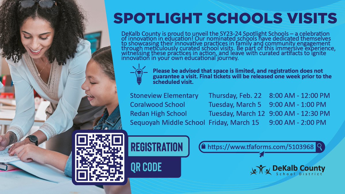 Join #DCSD 2023-2024 Spotlight Schools Visits! 🌟 Explore innovative education in action!

🗓️ Save the date:
◾ Feb 22: Stoneview ES
◾ Mar 5: Coralwood School
◾ Mar 12: Redan HS
◾ Mar 15: Sequoyah MS

To register: scan QR code or visit tfaforms.com/5103968

#iLoveDCSD💙🧡