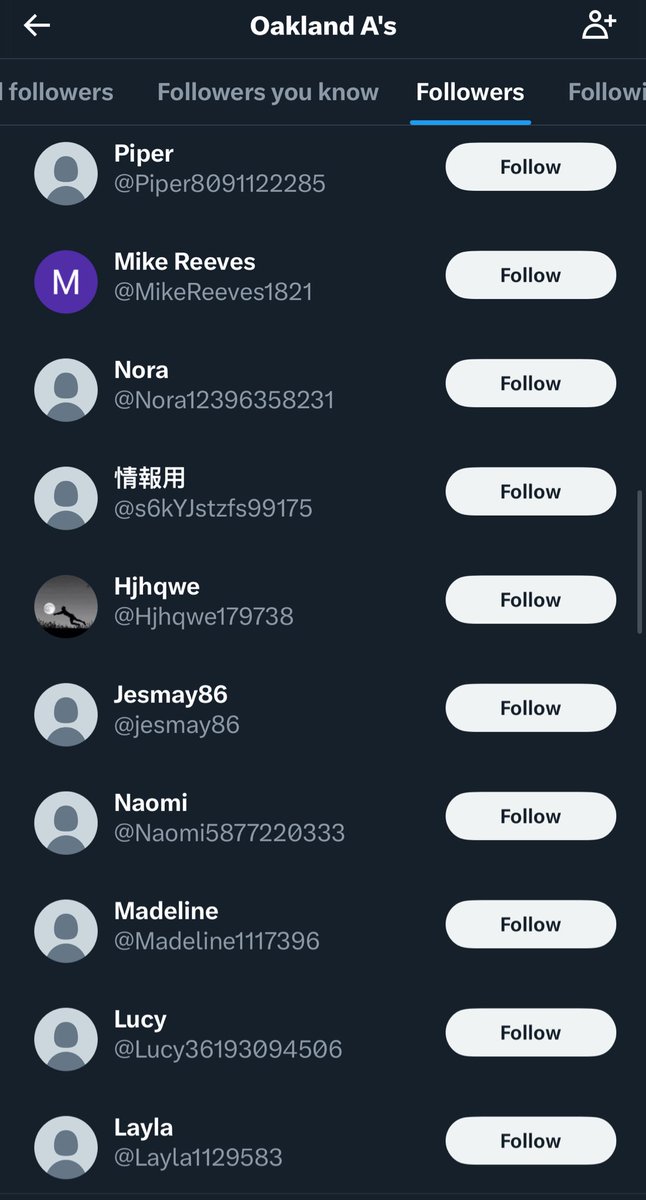 jvb43's tweet photo. The A’s using bots to keep their follower count from plummeting more!
The A’s lost 5,900+ followers in the last 2.5 months, but that # has stalled. I was looking at their newest followers, and they are all fake accounts. Makes you wonder how many followers they’ve actually lost! https://t.co/hC4WdsJ2Mk