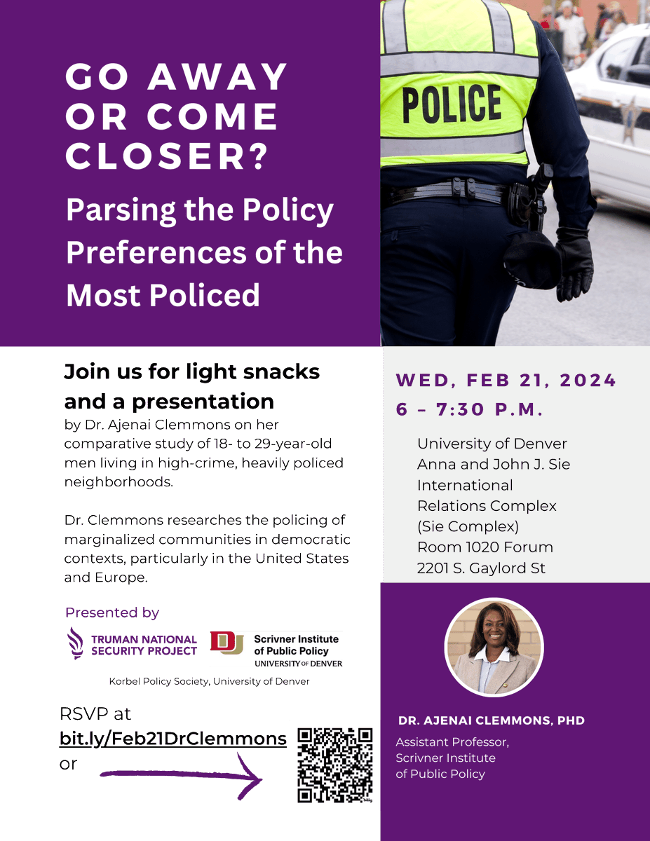 PolicyShopLLC's tweet photo. Join us! I'll present surprising findings from my policing research in the U.S. and U.K. on Wed., Feb. 21st from 6-7:30 p.m. at DU. Sponsored by Truman Nat'l Security Project's CO Chapter &amp; DU's Scrivner Institute. See below to RSVP! @scrivner_inst @TrumanProject https://t.co/CZoE5pNH6k