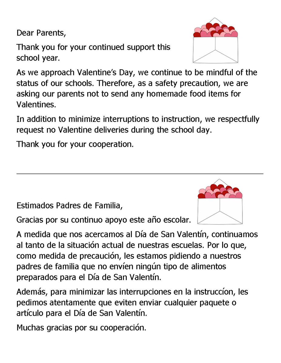 📣 Parents, please remember: No homemade food items for Valentine's Day. Our campus won't accept deliveries either. Let's keep our celebrations safe and simple! Thank you! 💌