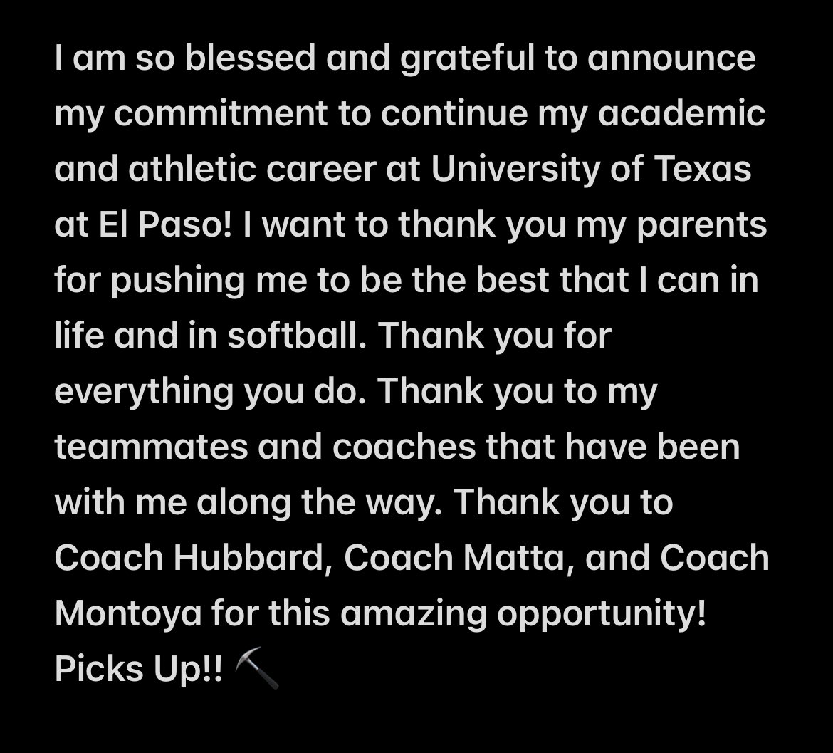 PICKS UP ⛏️🧡

I am so excited to announce my commitment to The University of Texas at El Paso!

<a href="/CoachTJHubbard/">TJ Hubbard</a> @suncitybrit <a href="/DavidRMontoya4/">David Montoya</a> <a href="/kierra_mcfadden/">Kierra McFadden</a> <a href="/OKAsPremier07/">Oklahoma Athletics 18u Premier McFadden</a> <a href="/UTEPSoftball/">UTEP Softball</a> 
#PicksUp #Committed