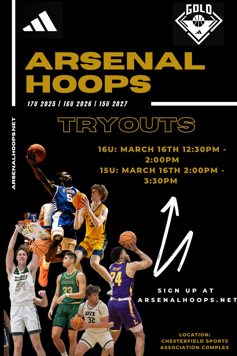 🚨2024 Tryouts🚨 🗓️: March 16th 📍: Chesterfield Sports Association Complex 🏀: 2 teams at each group (17s by invitation only) 🖥️: 15U & 16U register at Arsenalhoops.net