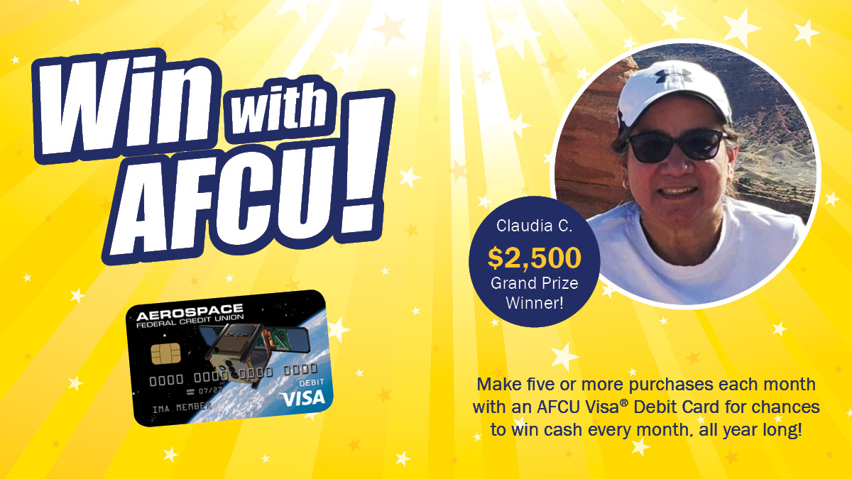 AerospaceFCU's tweet photo. Congratulations to the Grand Prize winner of our 2023 Win with AFCU Debit Card Sweepstakes! Claudia C. won $2,500 for using her AFCU Debit Card throughout 2023. Learn more about how to Win with AFCU: https://t.co/PsY13jZ8ZQ https://t.co/0INcir4ZW3