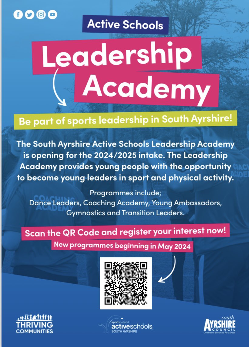 ActiveSA_SAC's tweet photo. Applications are now open for cohort 3 for our Leadership Academy. Applications will close on Sunday 18th February. Opportunities for young people current S1+ who attend a South Ayrshire Secondary.
For further information contact Amiee on amiee.alexander3@south-ayrshire.gov.uk https://t.co/w0tTzGZ8Wa
