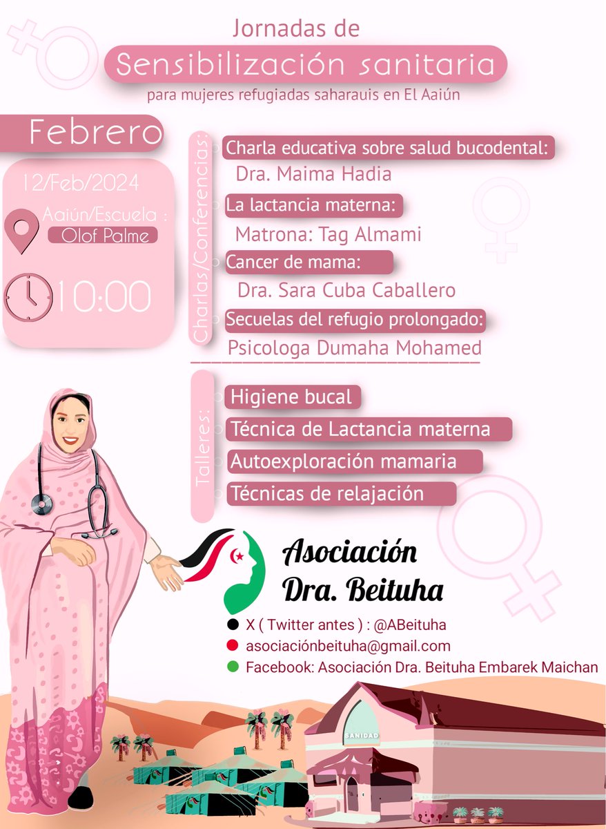 ABeituha's tweet photo. Todo listo para nuestras Jornada de Sensibilización Sanitarias que tendrán lugar el 12.02.2024 en El Aaiún (campamentos de refugiados saharauis), vean nuestro programa y comparten👇👇 https://t.co/jIuVcfLBDx