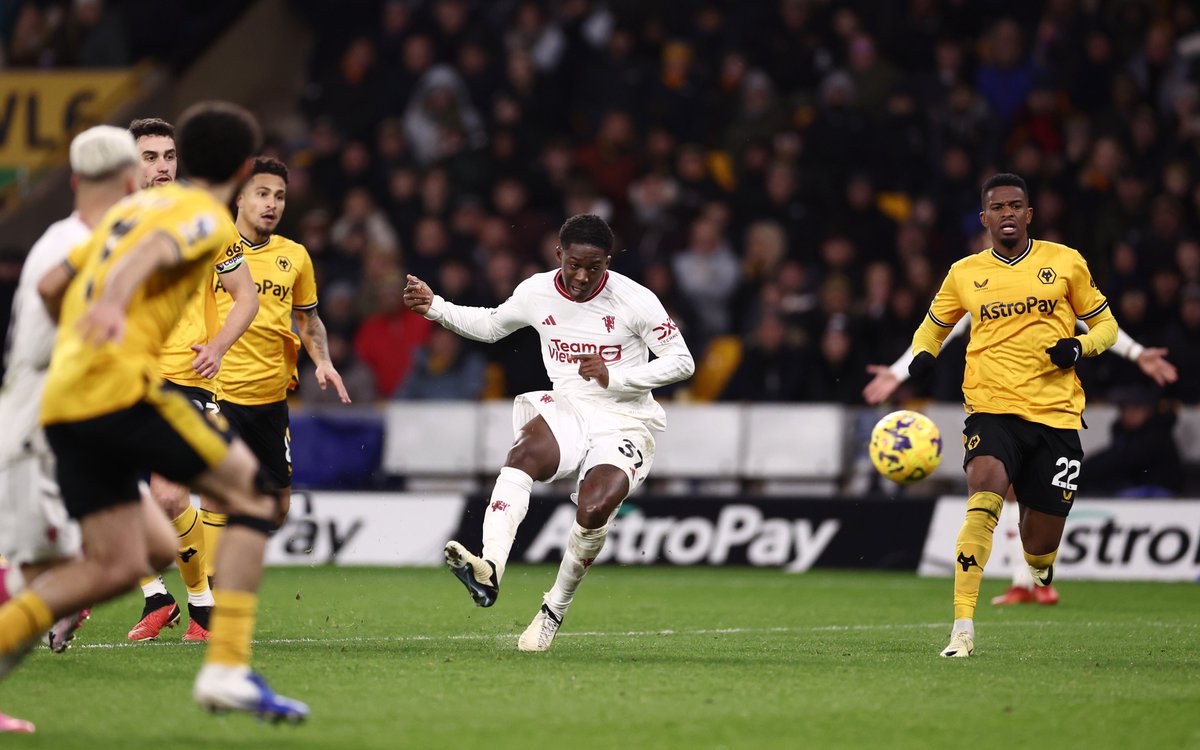premierleague's tweet photo. A special first Premier League goal for 18-year-old Kobbie Mainoo ✨

#WOLMUN https://t.co/eJI5celGYM