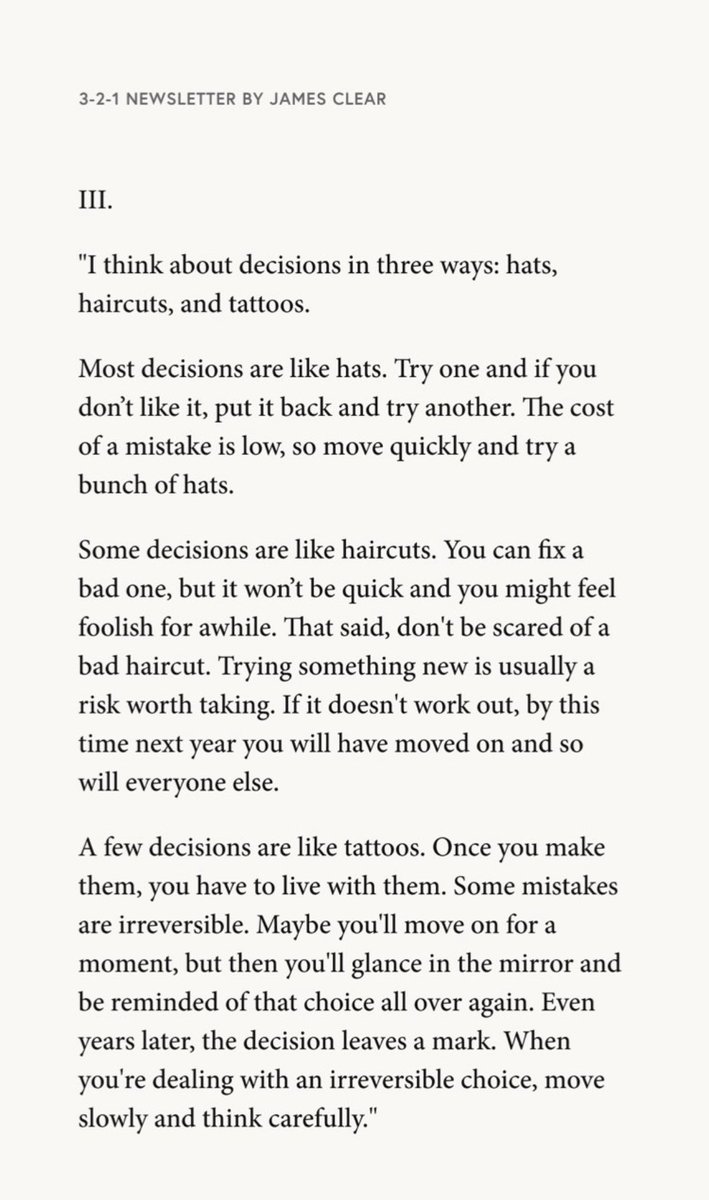 <a href="/JamesClear/">James Clear</a> does it again with the awesome insights shared in his 3-2-1 Newsletter. Hats, Haircuts, and Tattoos. Good stuff!