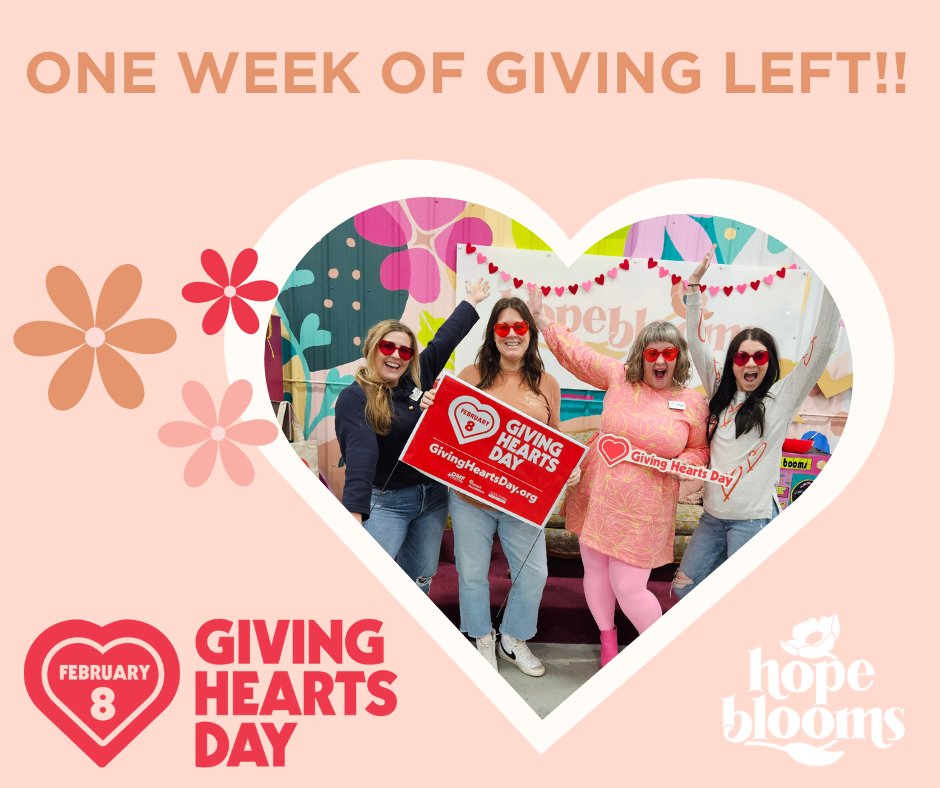 Giving Hearts Day is 1 week away!

Your generous gifts have a direct and meaningful impact on community members, providing them with the invaluable gifts of joy, a sense of belonging and hope!

Give now through February 8th at bit.ly/hopebloomsGHD