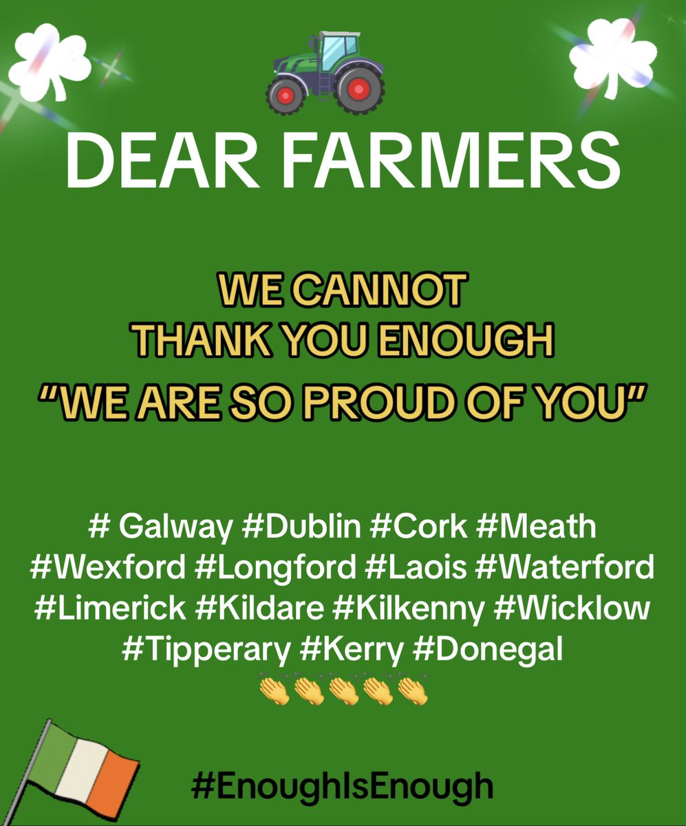 THESE AMAZING IRISH COUNTIES 🇮🇪🇮🇪🇮🇪

#EnoughIsEnough #IrishFarmers #NoFarmersNoFood #Ireland #IrelandIsFull #FarmersProtest2024 #FarmerProtests