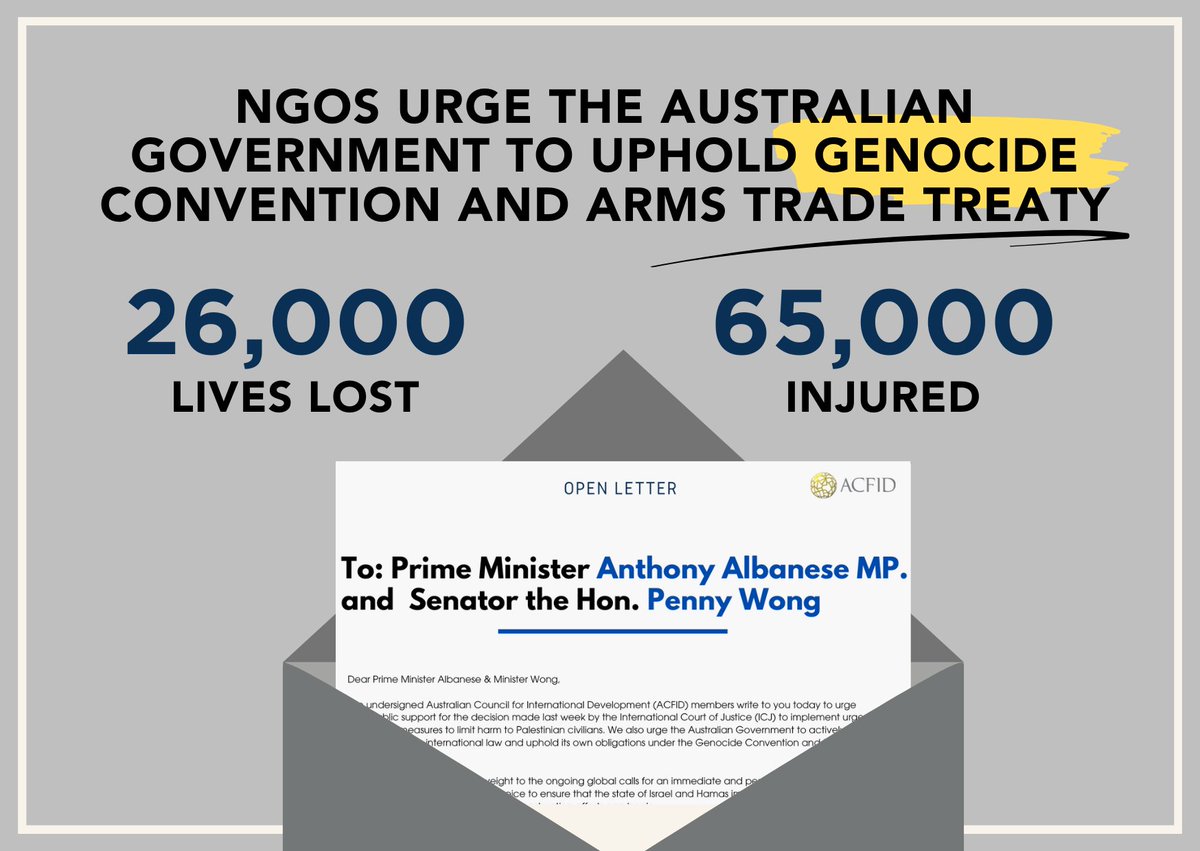 ACFID's tweet photo. 🚨 NGOs demand Australia act on Israel/Gaza commitments. ACFID's open letter urges support for ICJ ruling on civilian protection. 26,000 lives lost, 65,000 injured. Act now, restore UNRWA funding! #SupportICJ #AustraliaForPeace Read the open letter: https://t.co/NgLjnnQKAx https://t.co/obNeCgzpEw
