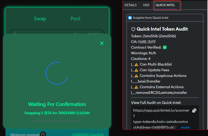 quickintel_ai's tweet photo. A chance to win some ETH still up for grabs! 💸

All you have to do is:

1. Install the Quick Intel Snap (https://t.co/7Tg9K6xhki)

2. Initiate a Swap transaction against ANY token, on ANY DEX, on ANY of the 34 chains we support (you don't have to actually complete the swap)

3. Snap a pic of the Quick Intel Snap results

4. Share, tag 2 friends, and include the 2 hashtags
#QuickIntel #MetaMaskSnap