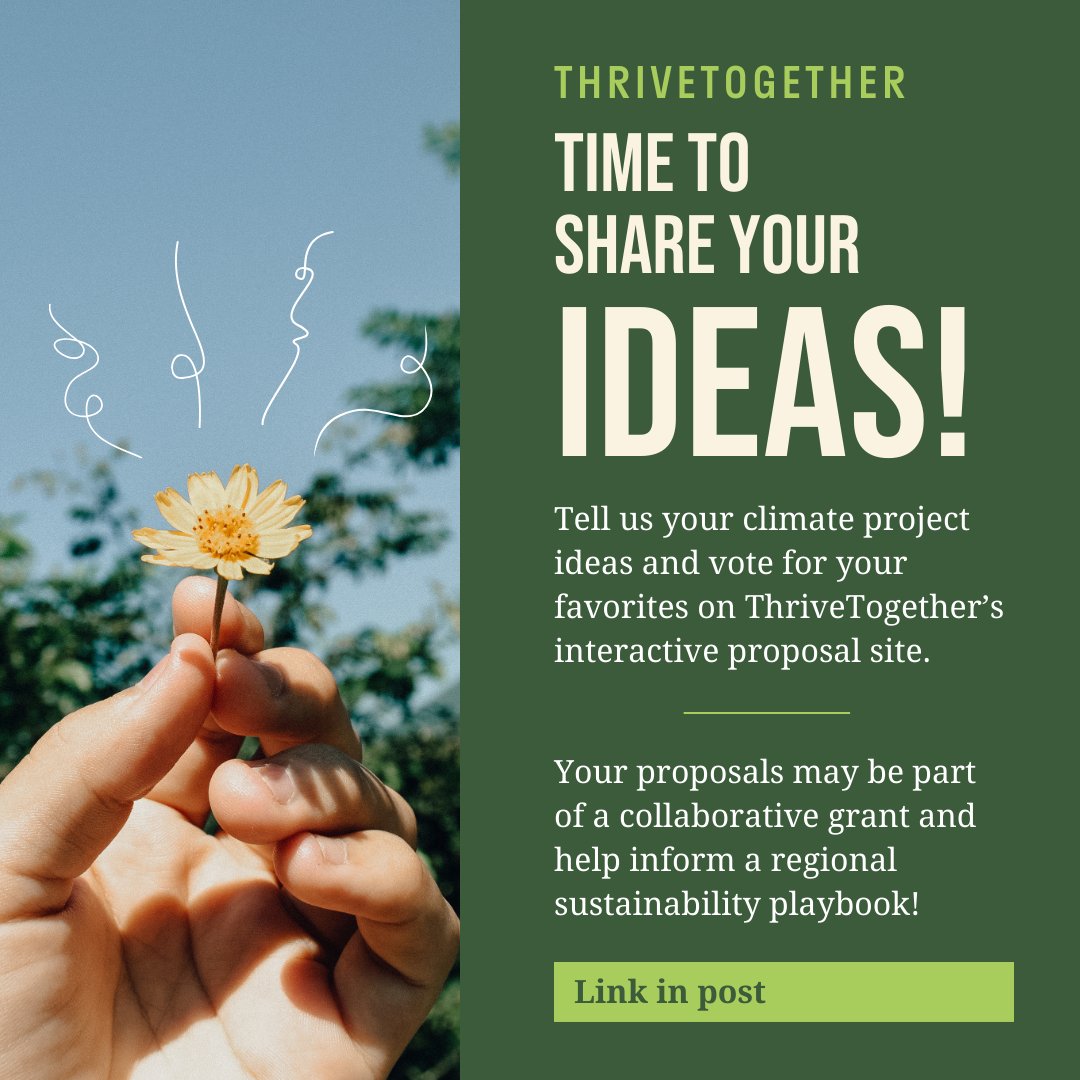 Here’s your chance to put your climate dreams into action! ThriveTogether wants to hear your project ideas about agriculture, energy, transportation, waste, water, & more. Proposals are due 2/16 to be considered for a collaborative grant. Learn more here! greenumbrella.citizenlab.co/en/initiatives