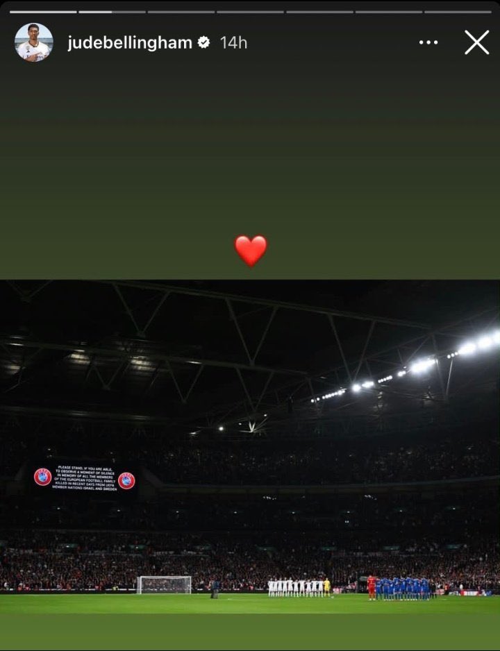 mbappsae's tweet photo. i think yall forgot a little to quickly bellingham posted this story with a picture of the minute of silence for israelis including a red heart https://t.co/MzHvAp6NeH