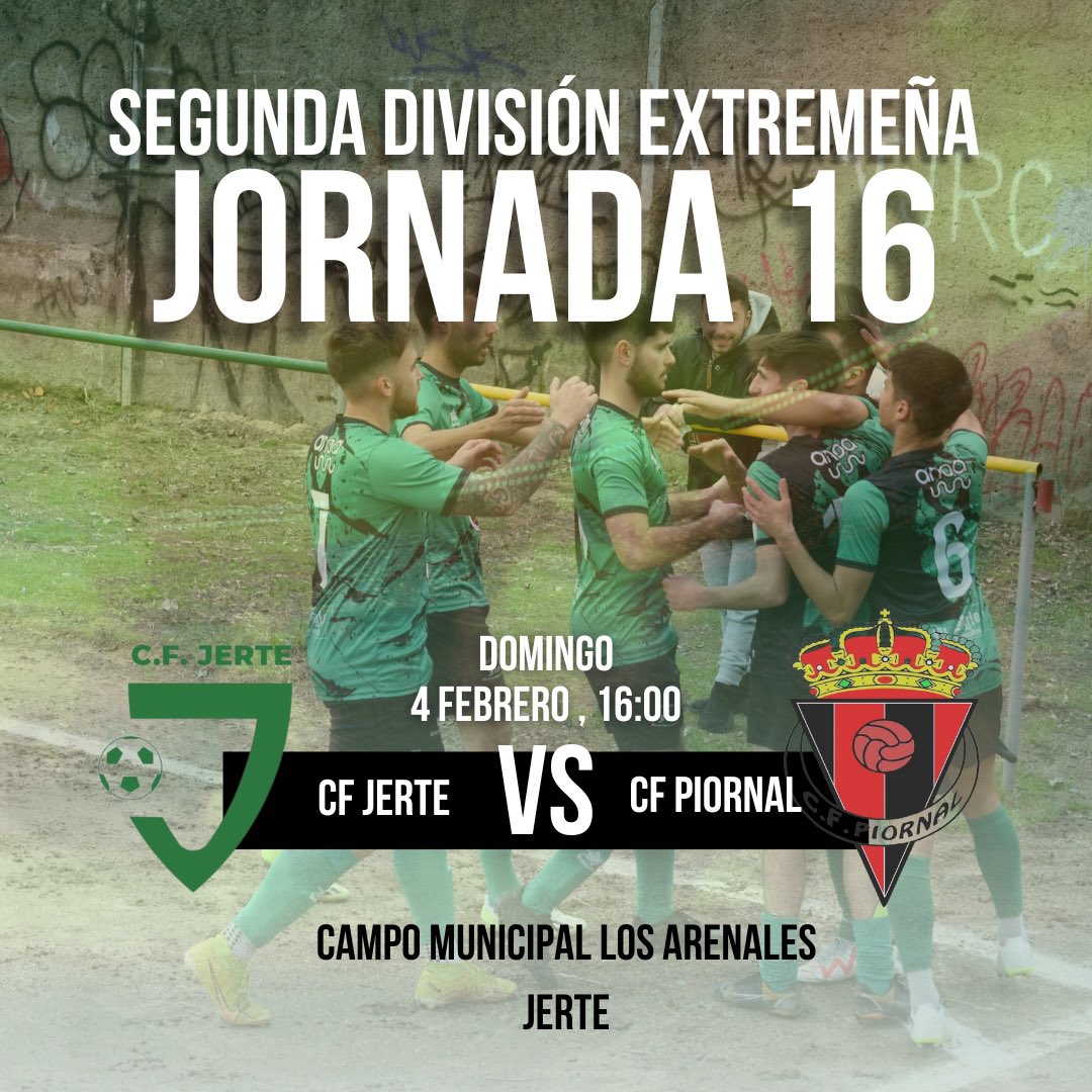 cfjerteoficial's tweet photo. JORNADA 16 

🗓 Domingo 4 de febrero de 2024
⏰ 16:00
🏟 Campo municipal Los Arenales (Jerte)
#cfjertecfpiornal #vamosJerte
 💚🖤
.
. 
#lailusiondeunpueblo #muchoJerte #futbolextremeño #fexfutbol ⚽️💚🖤 https://t.co/x5AtzMYmrA