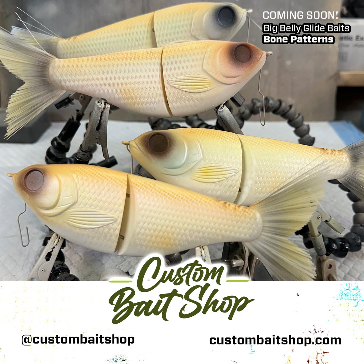 CustomBaitShop's tweet image. 🫣 BEHIND THE SCENES - COMING SOON! 🫣

☠️☠️ Bone Brigade Custom Big Belly Glidebaits in our all new bone patterns! - Headed off to clear coat, available on CustomBaitShop.com and locally soon! 

custombaitshop.com

#custombaits #customlures #fishinglife #glidebait