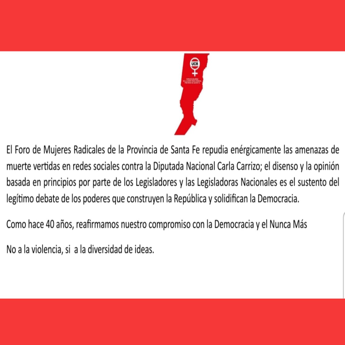 ucrmujeresstafe's tweet photo. El Foro de Mujeres Radicales de la Provincia de Santa Fe repudia enérgicamente las amenazas de muerte vertidas en redes sociales contra la Diputada Nacional @CarlaCarrizoAR; https://t.co/hfFrNZcqJ9