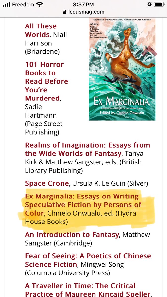 Chinelo Onwualu (@chineloonwualu) on Twitter photo Last year, I managed to put together a collection of essays by some of the most brilliant spec fic writers in the genre. Today, that collection is on the <a href="/locusmag/">Locus Magazine</a> reading list. Thank you to everyone who made this happen! Last year, I managed to put together a collection of essays by some of the most brilliant spec fic writers in the genre. Today, that collection is on the <a href="/locusmag/">Locus Magazine</a> reading list. Thank you to everyone who made this happen!