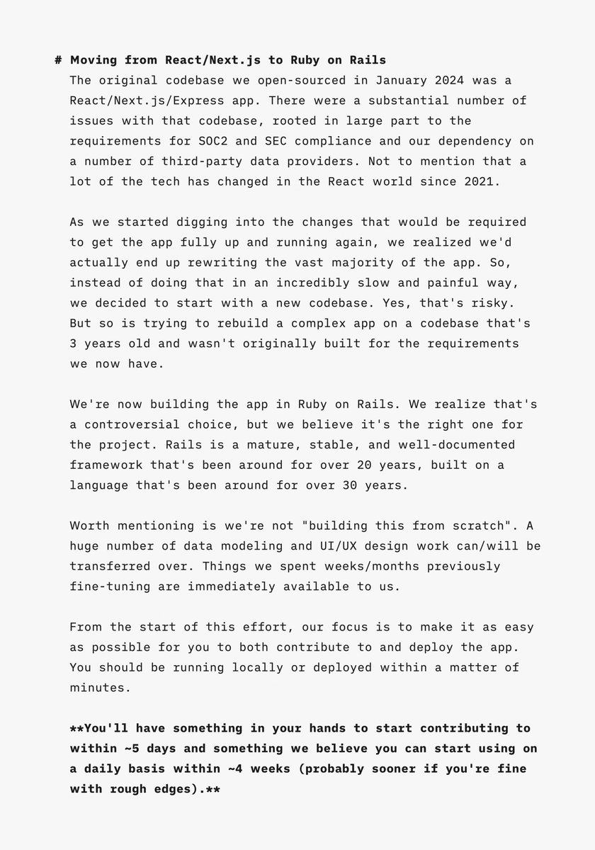 Shpigford's tweet image. We&apos;re moving @maybe to @rails.

We&apos;ll be creating a new &quot;rails&quot; branch on the main repo by the start of next week &amp;amp; then move it to main by the end of February.

The React codebase will be moved to a new repo then.

...and you thought things were moving fast before. 🎉