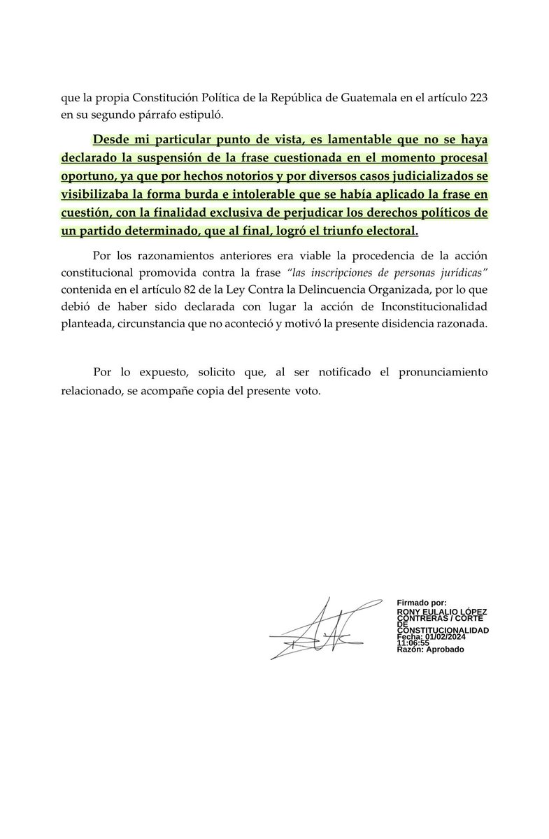 ProJusticiaGuat's tweet photo. En su voto disidente, el mag. Rony López asegura que hay violación constitucional en la suspensión de🌱
Se hizo de "forma burda e intolerable..., con la finalidad exclusiva de perjudicar los derechos políticos de un partido determinado, que al final, logró el triunfo electoral". https://t.co/JrMn2EdeeL