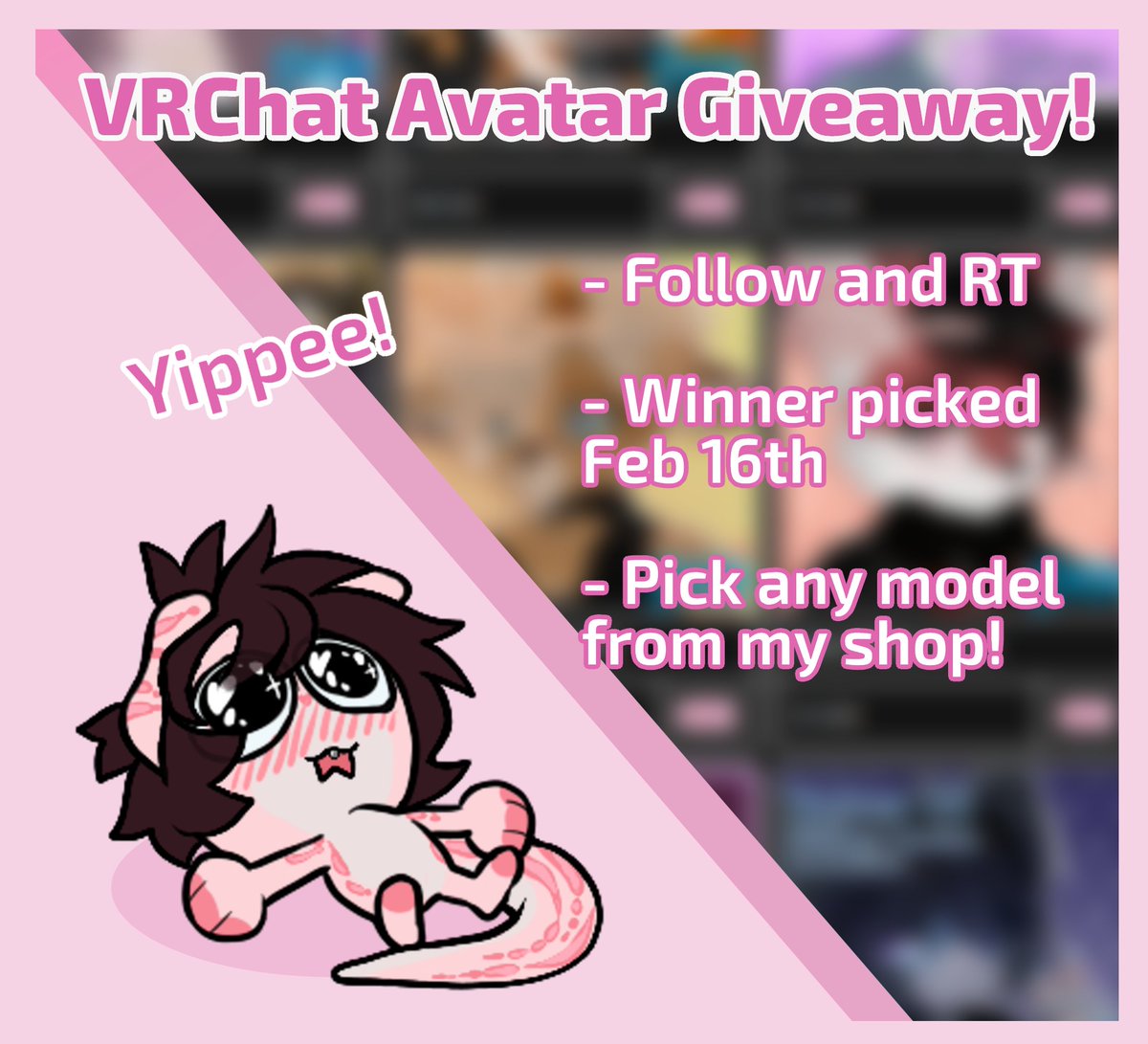 🌸VRCHAT AVATAR GIVEAWAY🌸 

Its been about a year since my last giveaway, so lets do another one! More info in replies!

Rules: 
 
- Follow  
- RT (No QRT)  

Ends Feb. 16th! #VRChat #raffle
Shop 🔗⬇️
